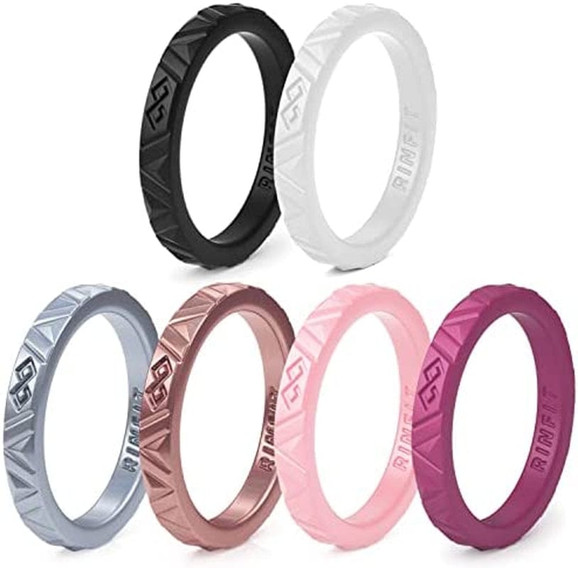Rinfit Silicone Wedding Rings for Women - Soft, Stackable & Thin Silicone Ring Women - Rubber Wedding Bands Women- U.S. Design Patent Pending SetE - Burgundy, Rose Gold, Pink, White, Silver, Black / 4