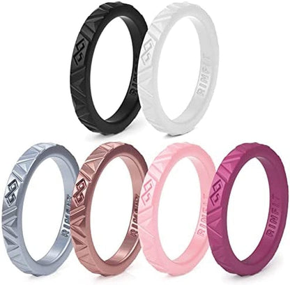 Rinfit Silicone Wedding Rings for Women - Soft, Stackable & Thin Silicone Ring Women - Rubber Wedding Bands Women- U.S. Design Patent Pending SetE - Burgundy, Rose Gold, Pink, White, Silver, Black / 4