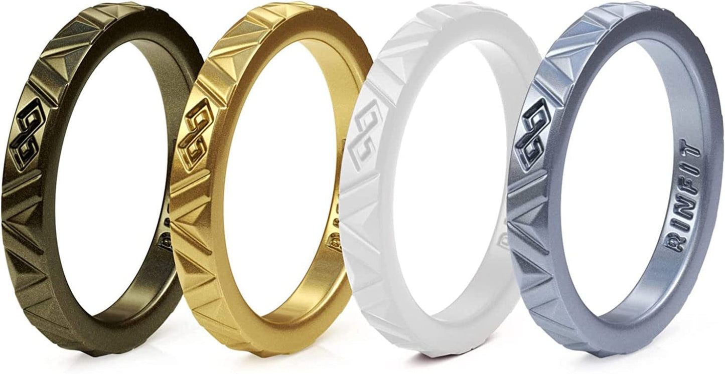 Rinfit Silicone Wedding Rings for Women - Soft, Stackable & Thin Silicone Ring Women - Rubber Wedding Bands Women- U.S. Design Patent Pending SetA - Bronze, Gold, White & Silver / 8