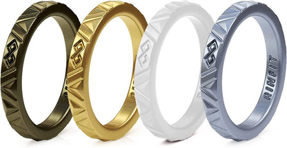 Rinfit Silicone Wedding Rings for Women - Soft, Stackable & Thin Silicone Ring Women - Rubber Wedding Bands Women- U.S. Design Patent Pending SetA - Bronze, Gold, White & Silver / 8