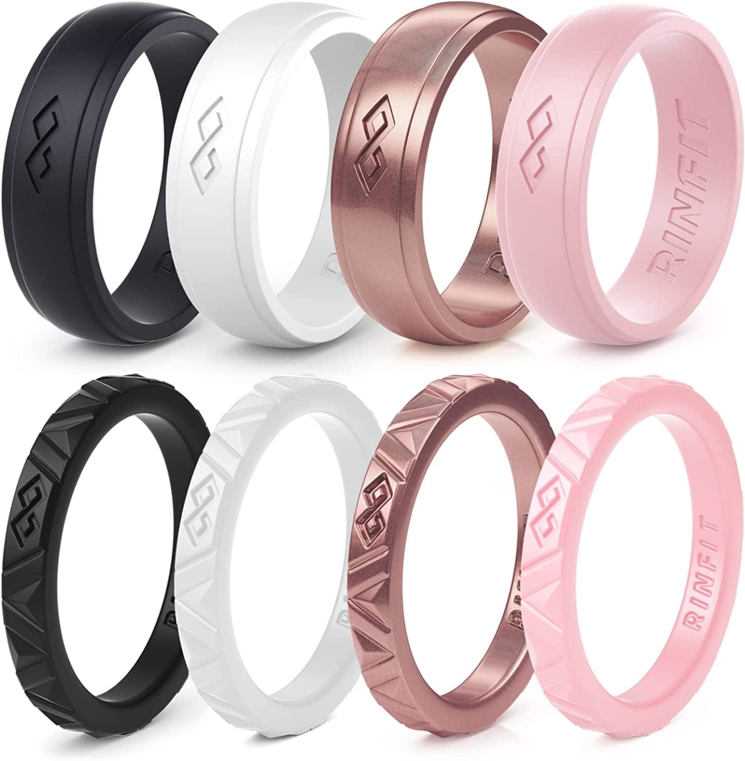 Rinfit Silicone Wedding Rings for Women - Soft, Stackable & Thin Silicone Ring Women - Rubber Wedding Bands Women- U.S. Design Patent Pending SetP - Black, White, Rose Gold, Pink / 9