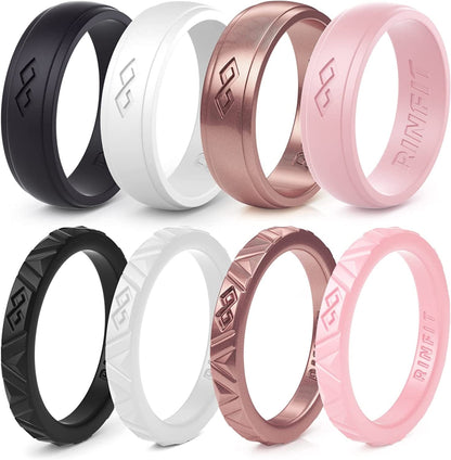 Rinfit Silicone Wedding Rings for Women - Soft, Stackable & Thin Silicone Ring Women - Rubber Wedding Bands Women- U.S. Design Patent Pending SetP - Black, White, Rose Gold, Pink / 9