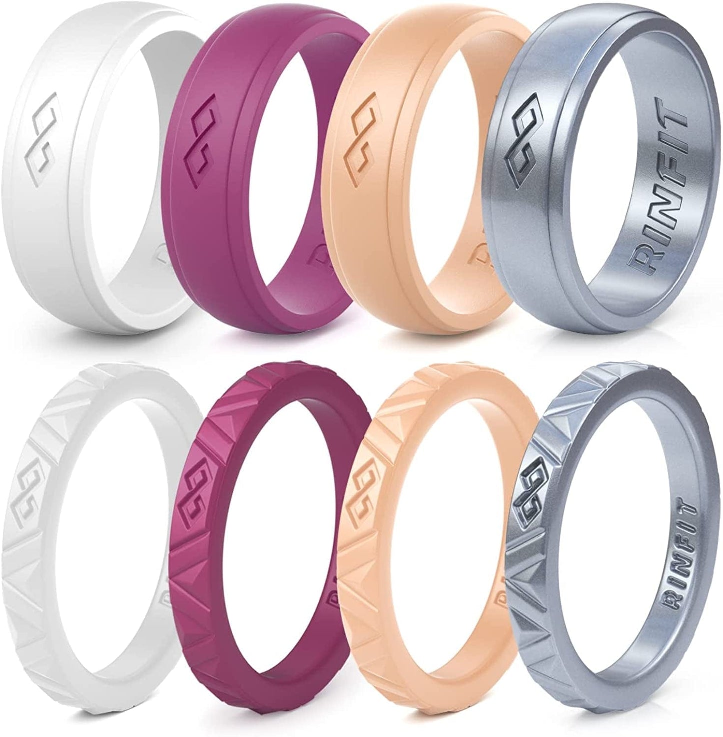 Rinfit Silicone Wedding Rings for Women - Soft, Stackable & Thin Silicone Ring Women - Rubber Wedding Bands Women- U.S. Design Patent Pending SetO - White, Burgundy, Peach, Silver / 7