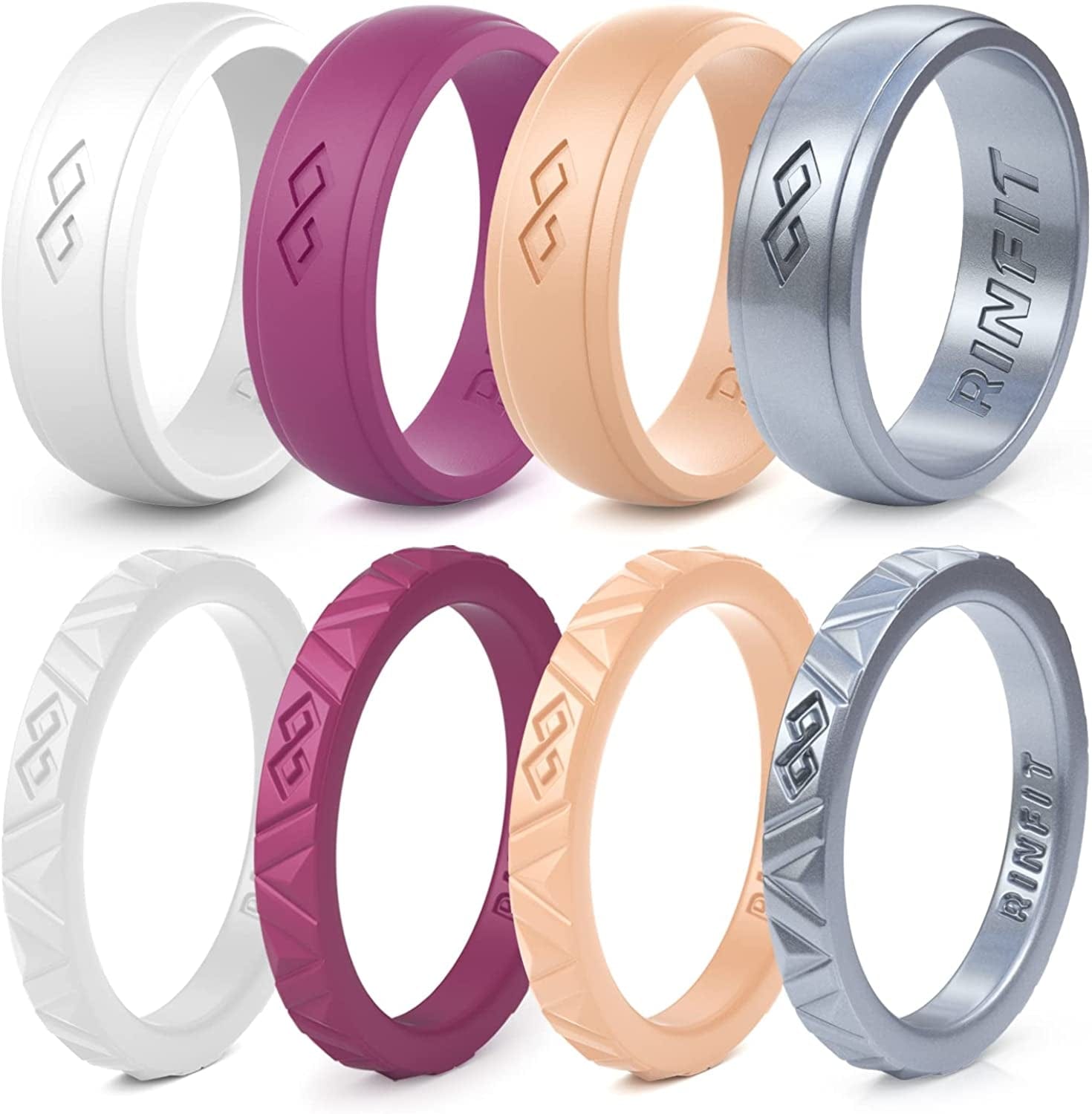 Rinfit Silicone Wedding Rings for Women - Soft, Stackable & Thin Silicone Ring Women - Rubber Wedding Bands Women- U.S. Design Patent Pending SetO - White, Burgundy, Peach, Silver / 7