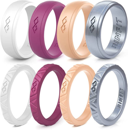Rinfit Silicone Wedding Rings for Women - Soft, Stackable & Thin Silicone Ring Women - Rubber Wedding Bands Women- U.S. Design Patent Pending SetO - White, Burgundy, Peach, Silver / 7