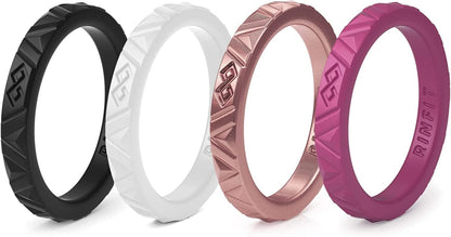 Rinfit Silicone Wedding Rings for Women - Soft, Stackable & Thin Silicone Ring Women - Rubber Wedding Bands Women- U.S. Design Patent Pending SetB - White, Rose Gold, Burgundy, Black / 4