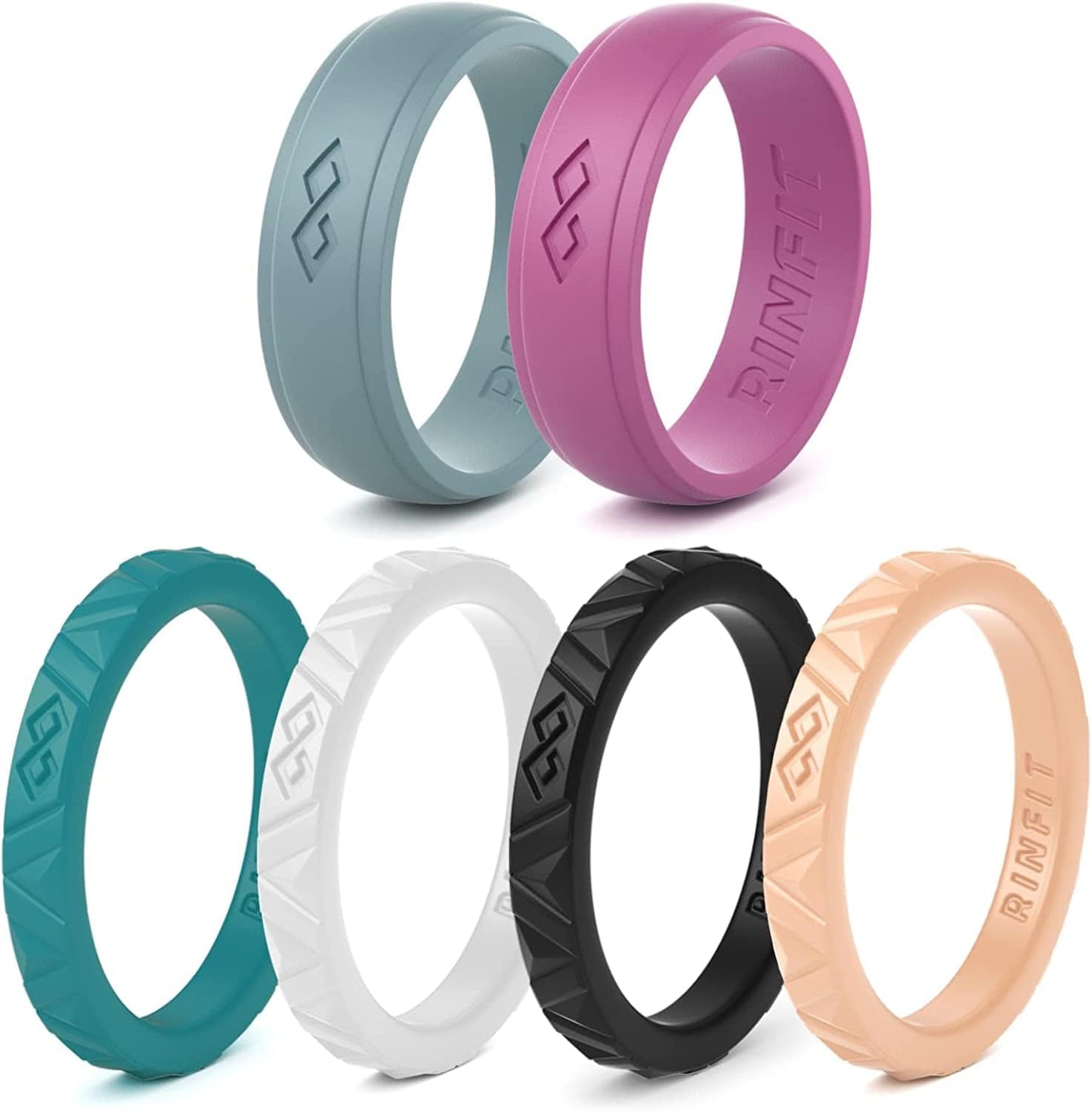 Rinfit Silicone Wedding Rings for Women - Soft, Stackable & Thin Silicone Ring Women - Rubber Wedding Bands Women- U.S. Design Patent Pending SetK - Dark Aquamarine, Radiant Orchid, Ocean, White, Black, Peach / 7