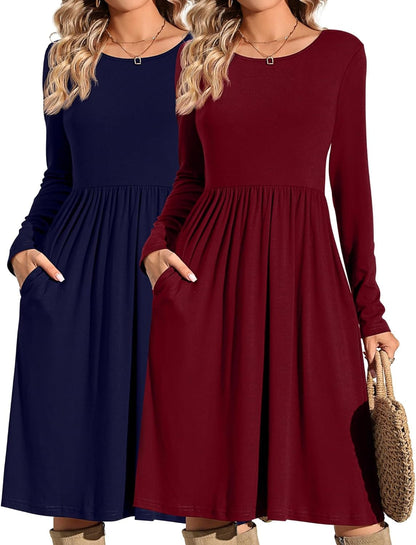 Riyiper 2 Pack Women Casual Long Sleeve Dresses Loose Fit Swing Pleated Dress with Pockets Knee Length Navy Blue, Wine Red / Large