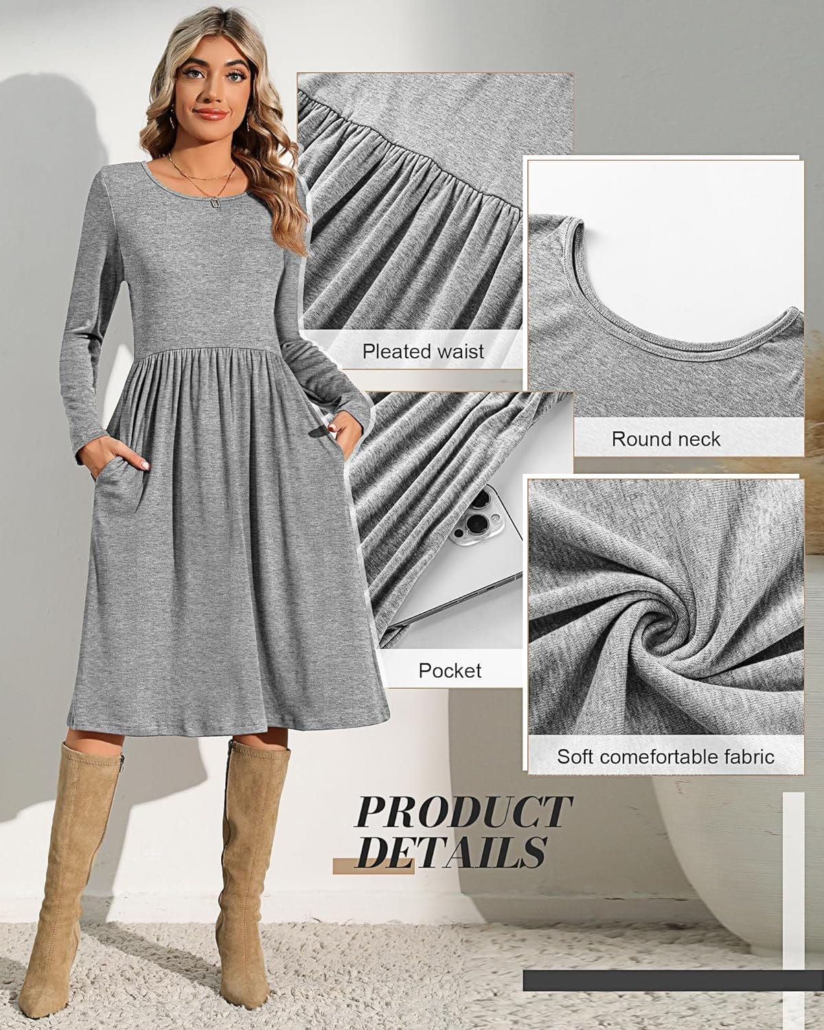 Riyiper 2 Pack Women Casual Long Sleeve Dresses Loose Fit Swing Pleated Dress with Pockets Knee Length