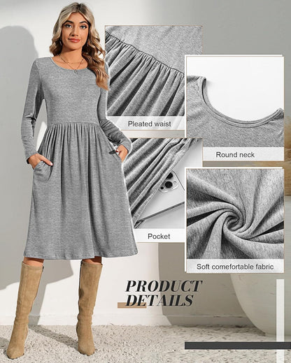 Riyiper 2 Pack Women Casual Long Sleeve Dresses Loose Fit Swing Pleated Dress with Pockets Knee Length
