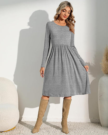 Riyiper 2 Pack Women Casual Long Sleeve Dresses Loose Fit Swing Pleated Dress with Pockets Knee Length