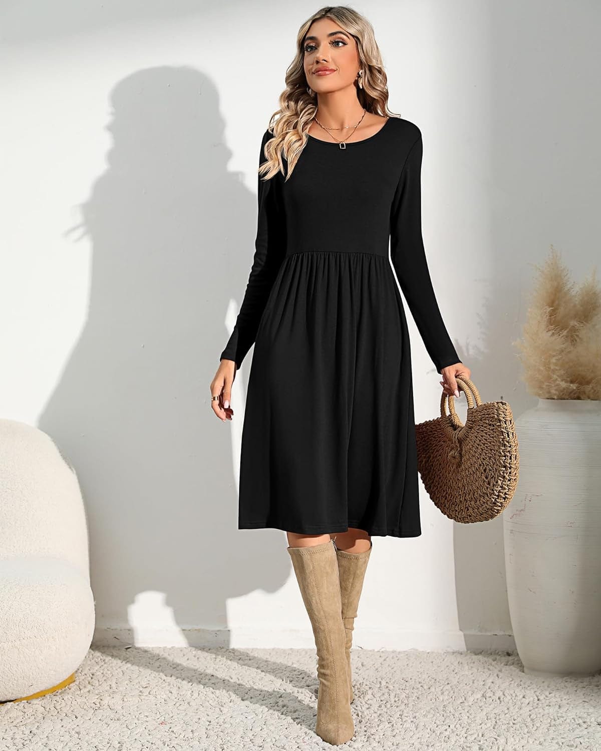 Riyiper 2 Pack Women Casual Long Sleeve Dresses Loose Fit Swing Pleated Dress with Pockets Knee Length