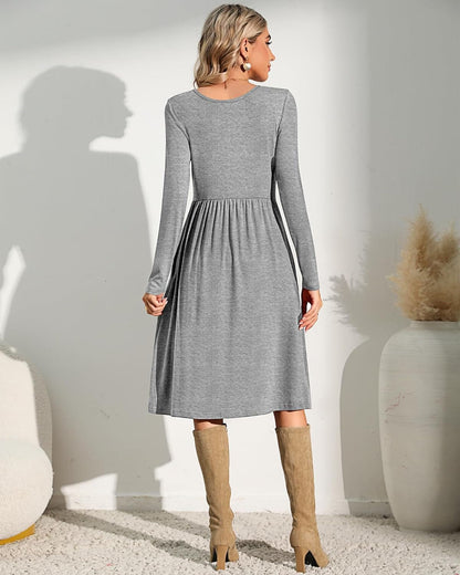 Riyiper 2 Pack Women Casual Long Sleeve Dresses Loose Fit Swing Pleated Dress with Pockets Knee Length