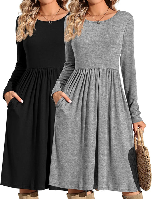Riyiper 2 Pack Women Casual Long Sleeve Dresses Loose Fit Swing Pleated Dress with Pockets Knee Length