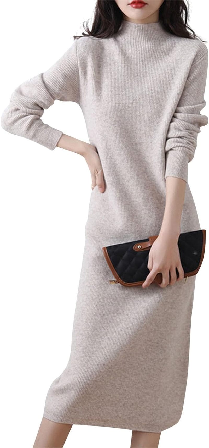 ROKIACDE Sweater Dress for Women Trendy Half High Collar Knitted Dress Casual Fall Winter Long Sleeve Elegant Midi Dress 01-Khaki / Xx-Large