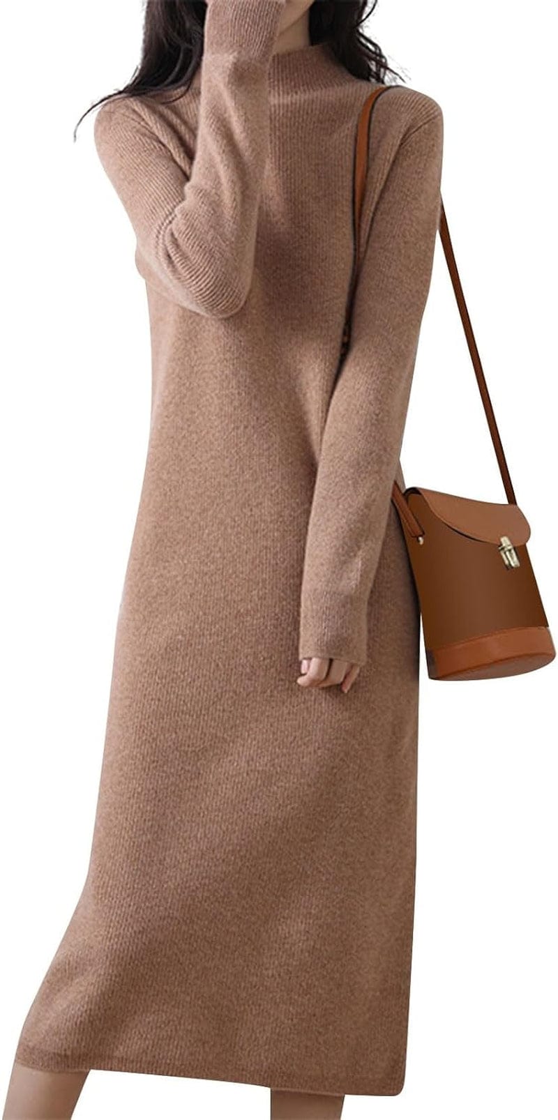 ROKIACDE Sweater Dress for Women Trendy Half High Collar Knitted Dress Casual Fall Winter Long Sleeve Elegant Midi Dress 01-Light Brown / Large