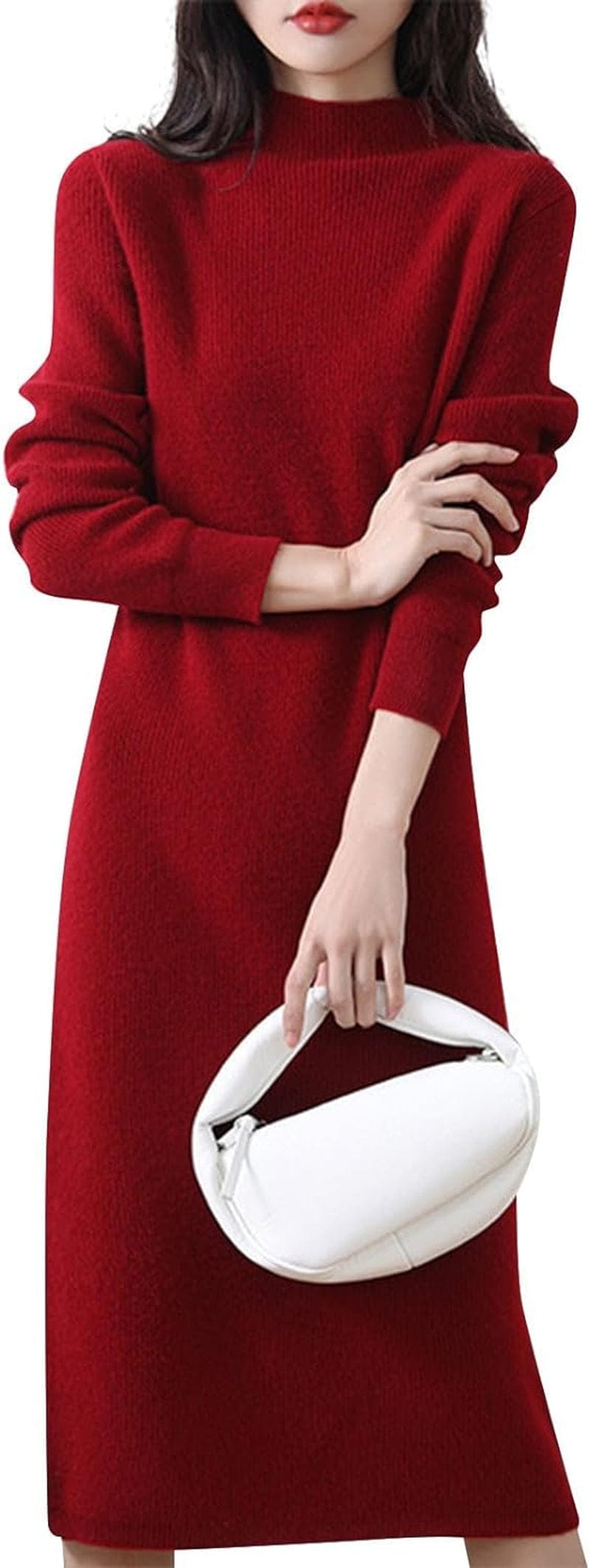 ROKIACDE Sweater Dress for Women Trendy Half High Collar Knitted Dress Casual Fall Winter Long Sleeve Elegant Midi Dress 01-Red / Xx-Large