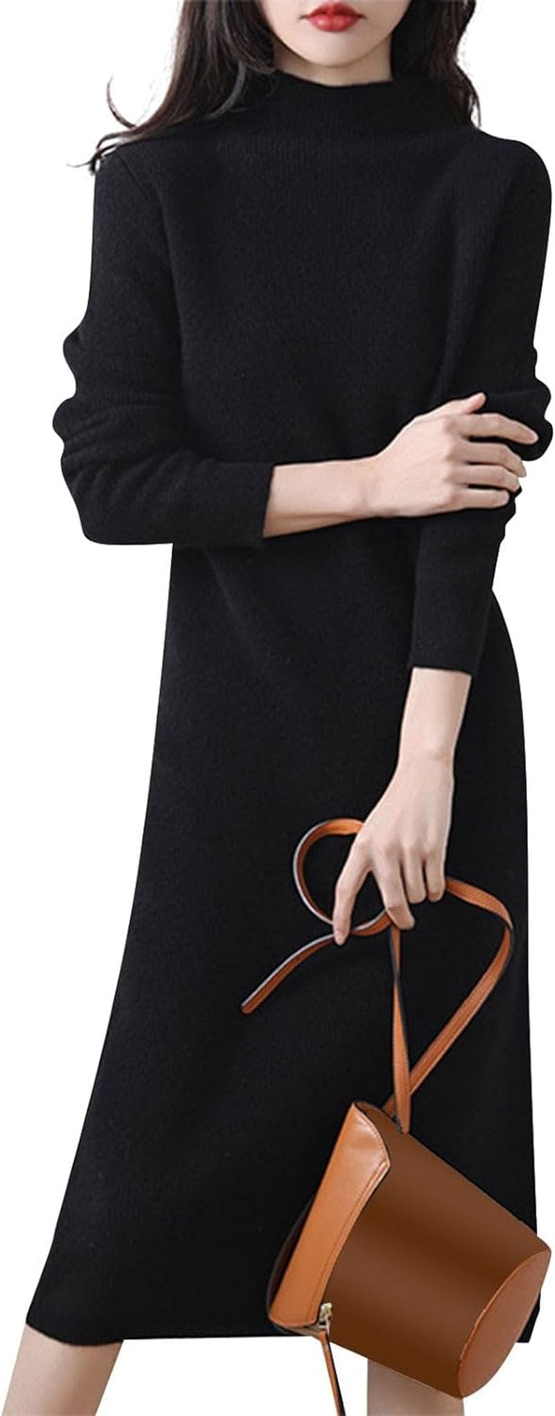 ROKIACDE Sweater Dress for Women Trendy Half High Collar Knitted Dress Casual Fall Winter Long Sleeve Elegant Midi Dress 01-Black / Xx-Large