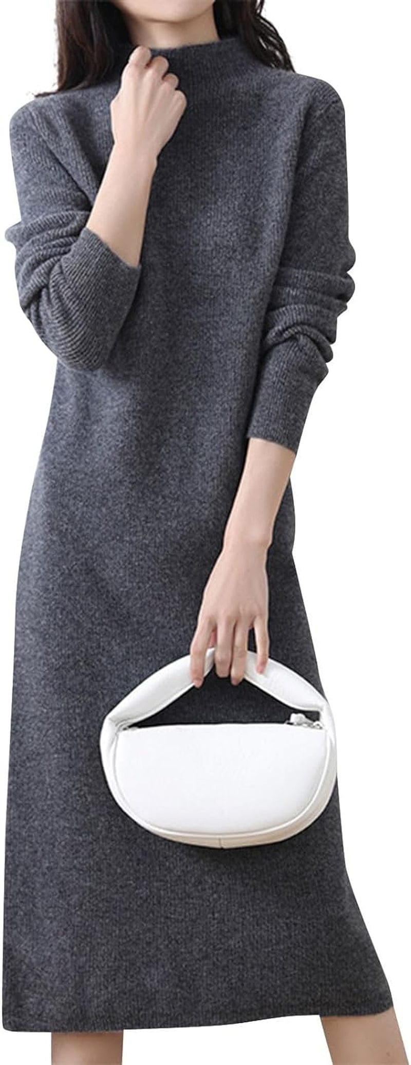 ROKIACDE Sweater Dress for Women Trendy Half High Collar Knitted Dress Casual Fall Winter Long Sleeve Elegant Midi Dress 01-Dark Gray / Xx-Large