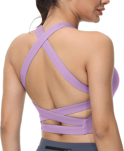 Romansong Strappy Yoga Sports Bras for Women Padded Criss-Cross Back Tank Tops Pastel Lilac / Medium