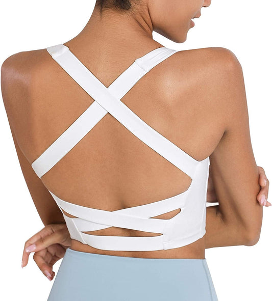 Romansong Strappy Yoga Sports Bras for Women Padded Criss-Cross Back Tank Tops White / X-Small
