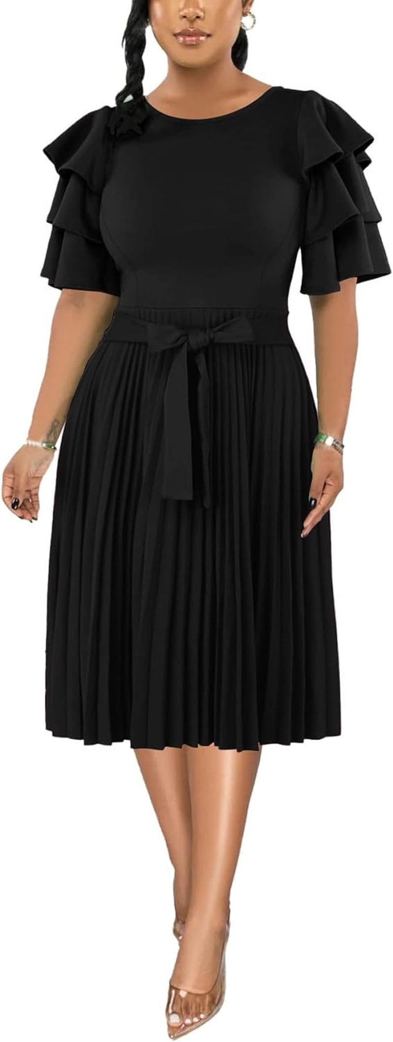 Rooscier Women'S Ruffle Layered Short Sleeve Pleated a Line Tie Waist Elegant Midi Dress Black / Small