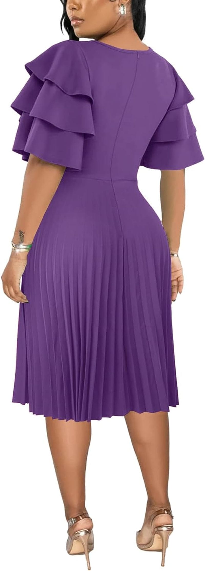 Rooscier Women'S Ruffle Layered Short Sleeve Pleated a Line Tie Waist Elegant Midi Dress