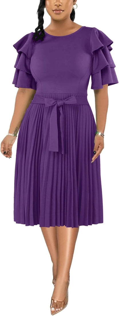 Rooscier Women'S Ruffle Layered Short Sleeve Pleated a Line Tie Waist Elegant Midi Dress