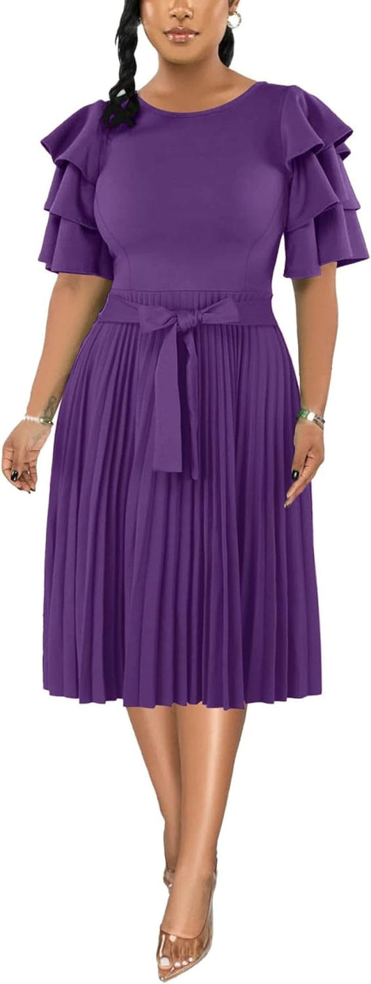 Rooscier Women'S Ruffle Layered Short Sleeve Pleated a Line Tie Waist Elegant Midi Dress