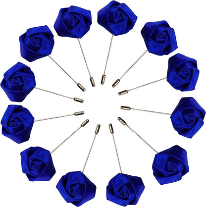 Rose Boutonniere Men'S Lapel Pins Satin Flower 12 Pack Groom Wedding Boutonniere Suit Brooch Outfit Accessories Royal Blue