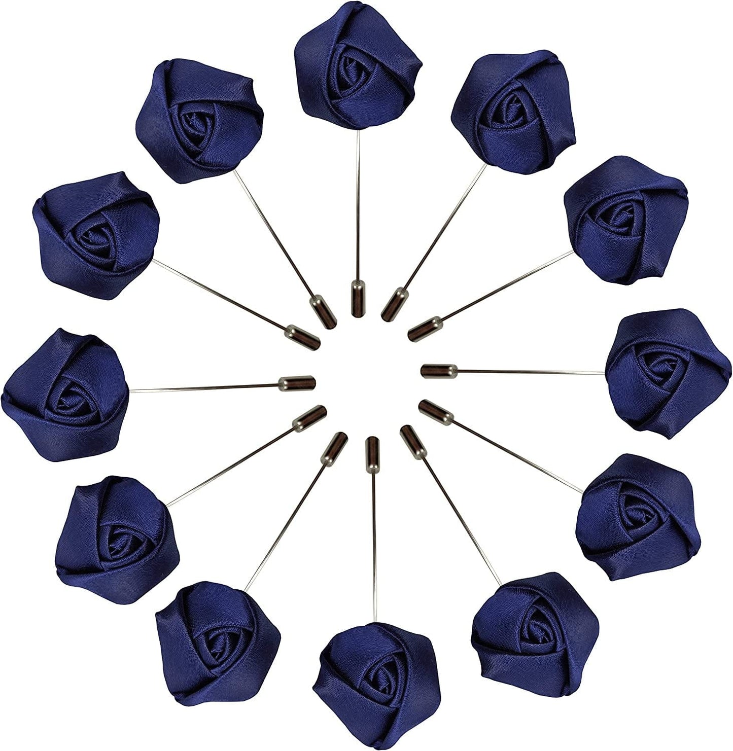 Rose Boutonniere Men'S Lapel Pins Satin Flower 12 Pack Groom Wedding Boutonniere Suit Brooch Outfit Accessories Navy Blue