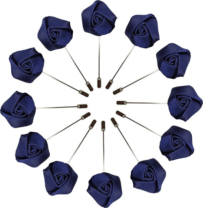 Rose Boutonniere Men'S Lapel Pins Satin Flower 12 Pack Groom Wedding Boutonniere Suit Brooch Outfit Accessories Navy Blue