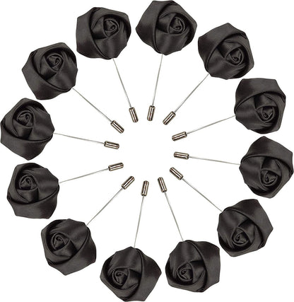 Rose Boutonniere Men'S Lapel Pins Satin Flower 12 Pack Groom Wedding Boutonniere Suit Brooch Outfit Accessories Black