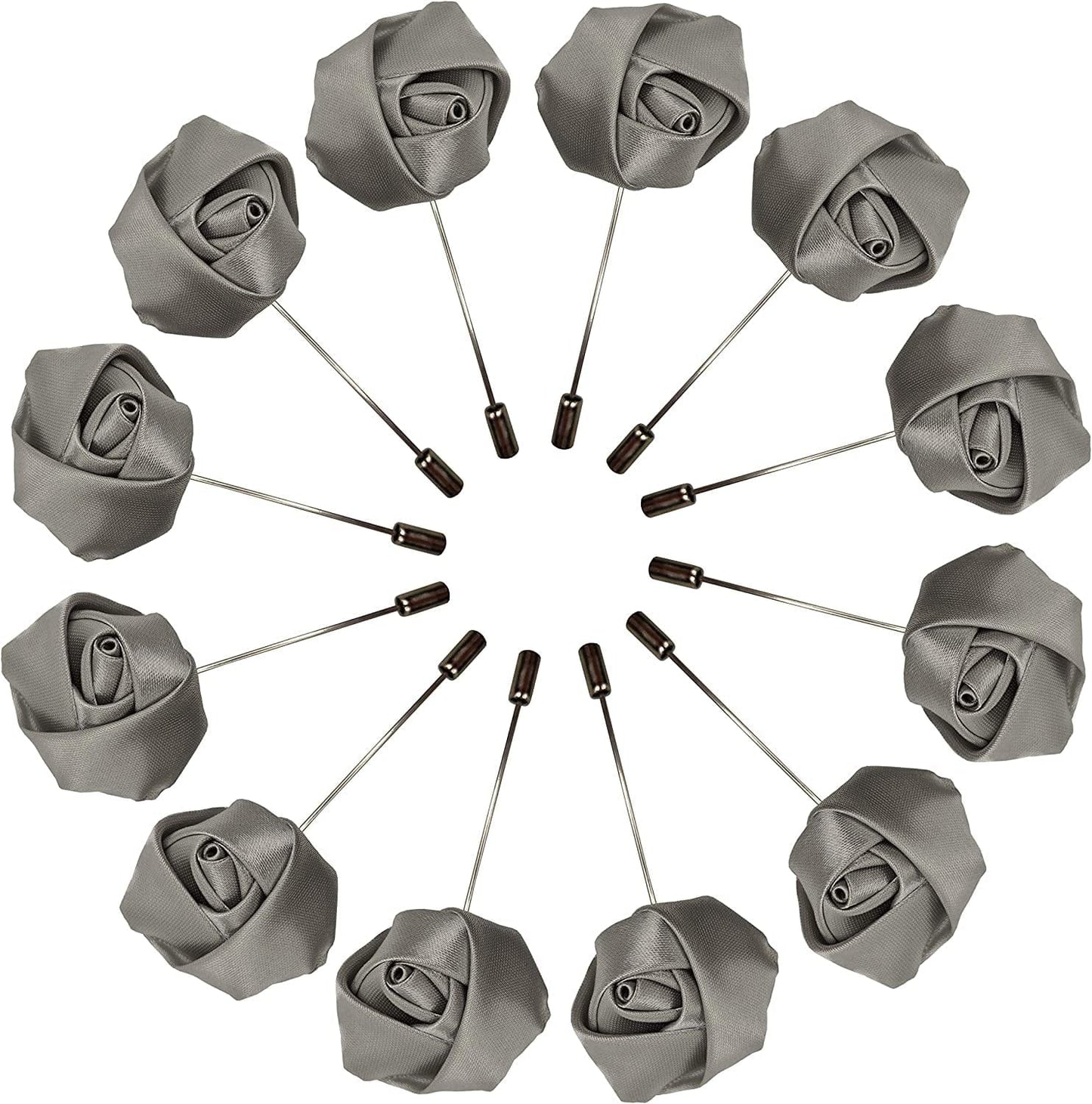 Rose Boutonniere Men'S Lapel Pins Satin Flower 12 Pack Groom Wedding Boutonniere Suit Brooch Outfit Accessories Silver Gray