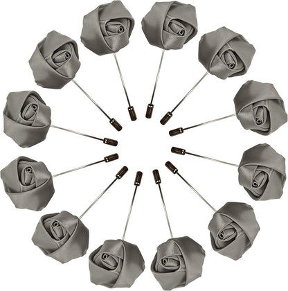 Rose Boutonniere Men'S Lapel Pins Satin Flower 12 Pack Groom Wedding Boutonniere Suit Brooch Outfit Accessories Silver Gray