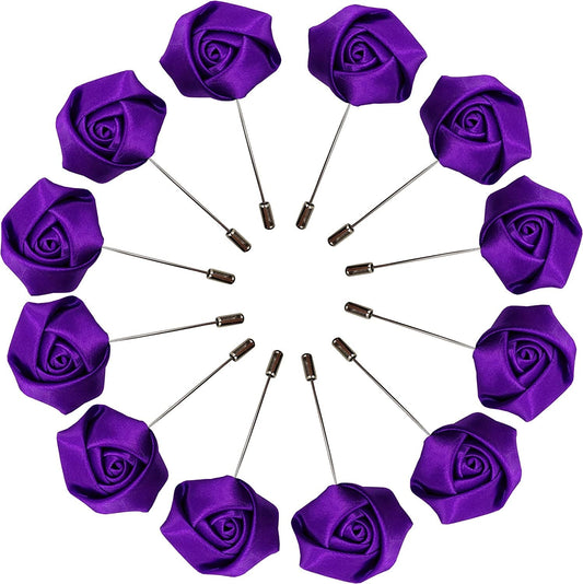 Rose Boutonniere Men'S Lapel Pins Satin Flower 12 Pack Groom Wedding Boutonniere Suit Brooch Outfit Accessories Purple