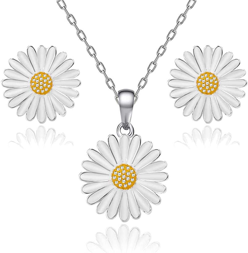 Rose Flower Necklace Earrings Set for Women 18K Gold Plated Hypoallergenic Jewelry Sets White Daisy/Silver-tone