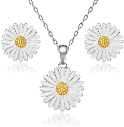 Rose Flower Necklace Earrings Set for Women 18K Gold Plated Hypoallergenic Jewelry Sets White Daisy/Silver-tone