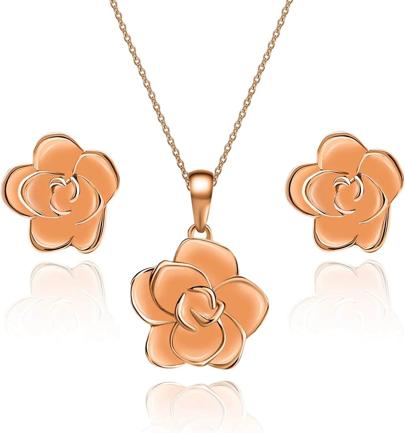 Rose Flower Necklace Earrings Set for Women 18K Gold Plated Hypoallergenic Jewelry Sets Peach Fuzz / Rose Gold-tone