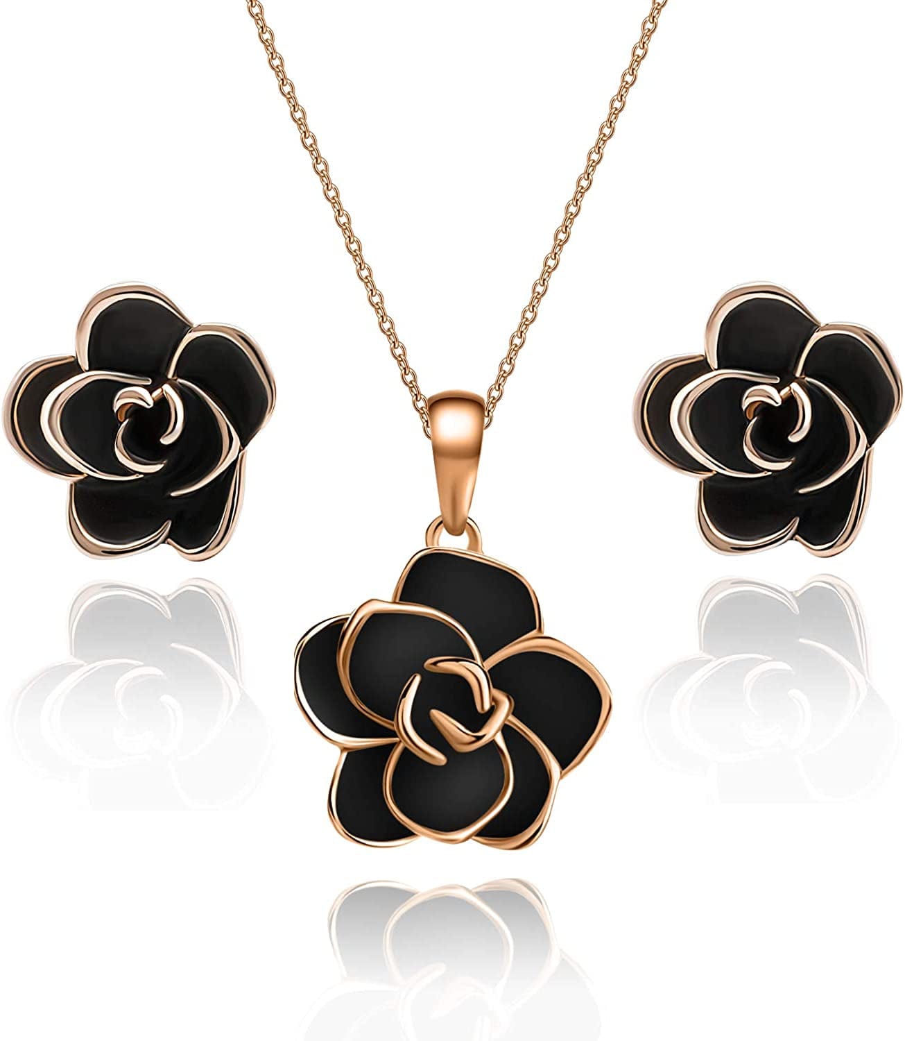 Rose Flower Necklace Earrings Set for Women 18K Gold Plated Hypoallergenic Jewelry Sets Black