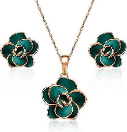 Rose Flower Necklace Earrings Set for Women 18K Gold Plated Hypoallergenic Jewelry Sets Green