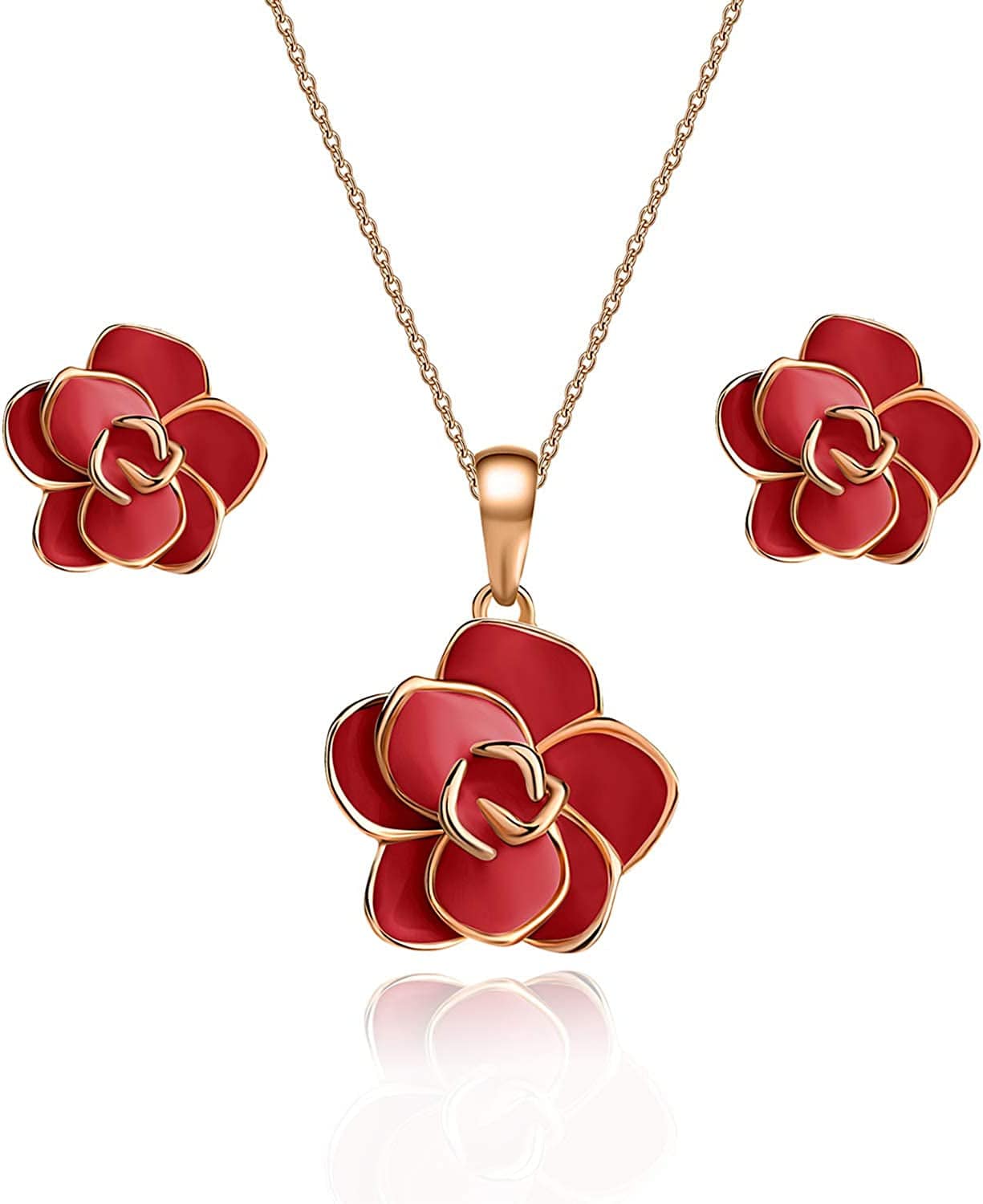 Rose Flower Necklace Earrings Set for Women 18K Gold Plated Hypoallergenic Jewelry Sets Red
