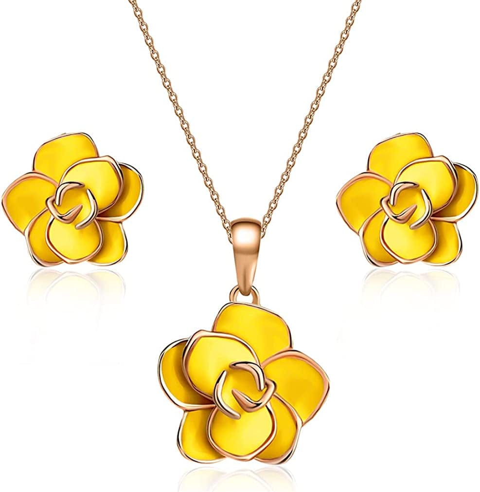 Rose Flower Necklace Earrings Set for Women 18K Gold Plated Hypoallergenic Jewelry Sets Yellow