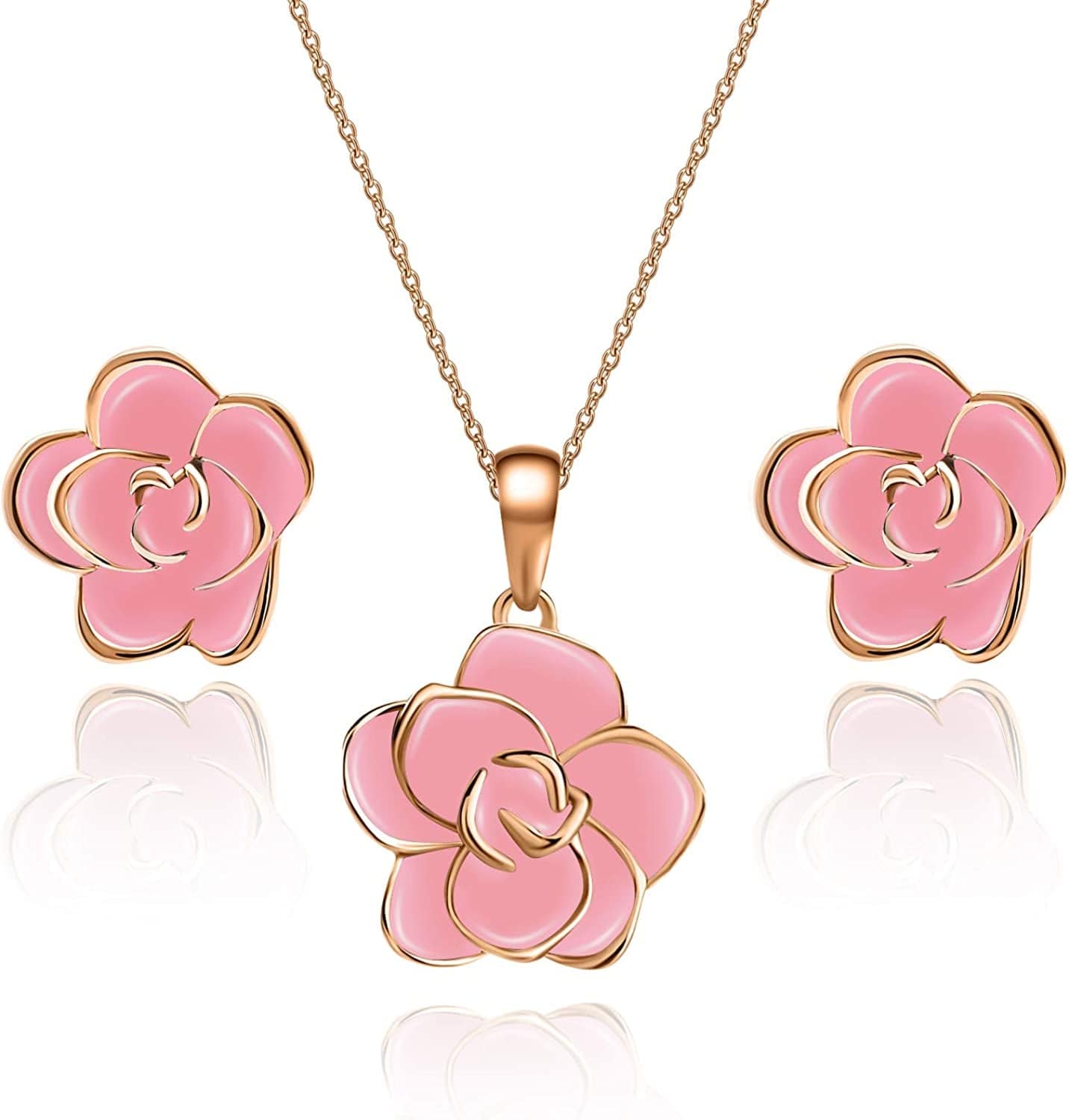 Rose Flower Necklace Earrings Set for Women 18K Gold Plated Hypoallergenic Jewelry Sets Pink / Rose Gold-tone