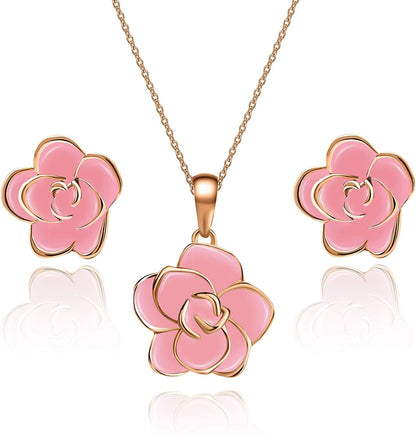 Rose Flower Necklace Earrings Set for Women 18K Gold Plated Hypoallergenic Jewelry Sets Pink / Rose Gold-tone
