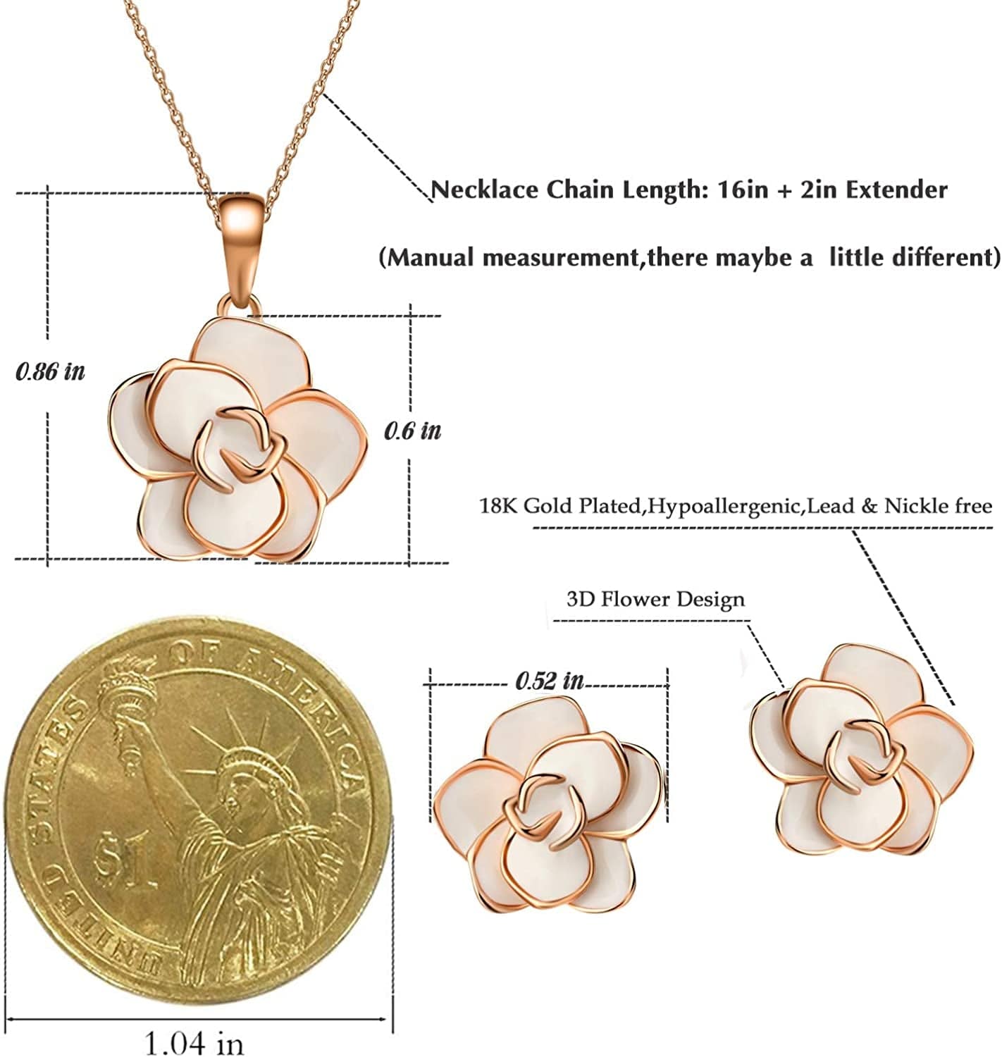 Rose Flower Necklace Earrings Set for Women 18K Gold Plated Hypoallergenic Jewelry Sets