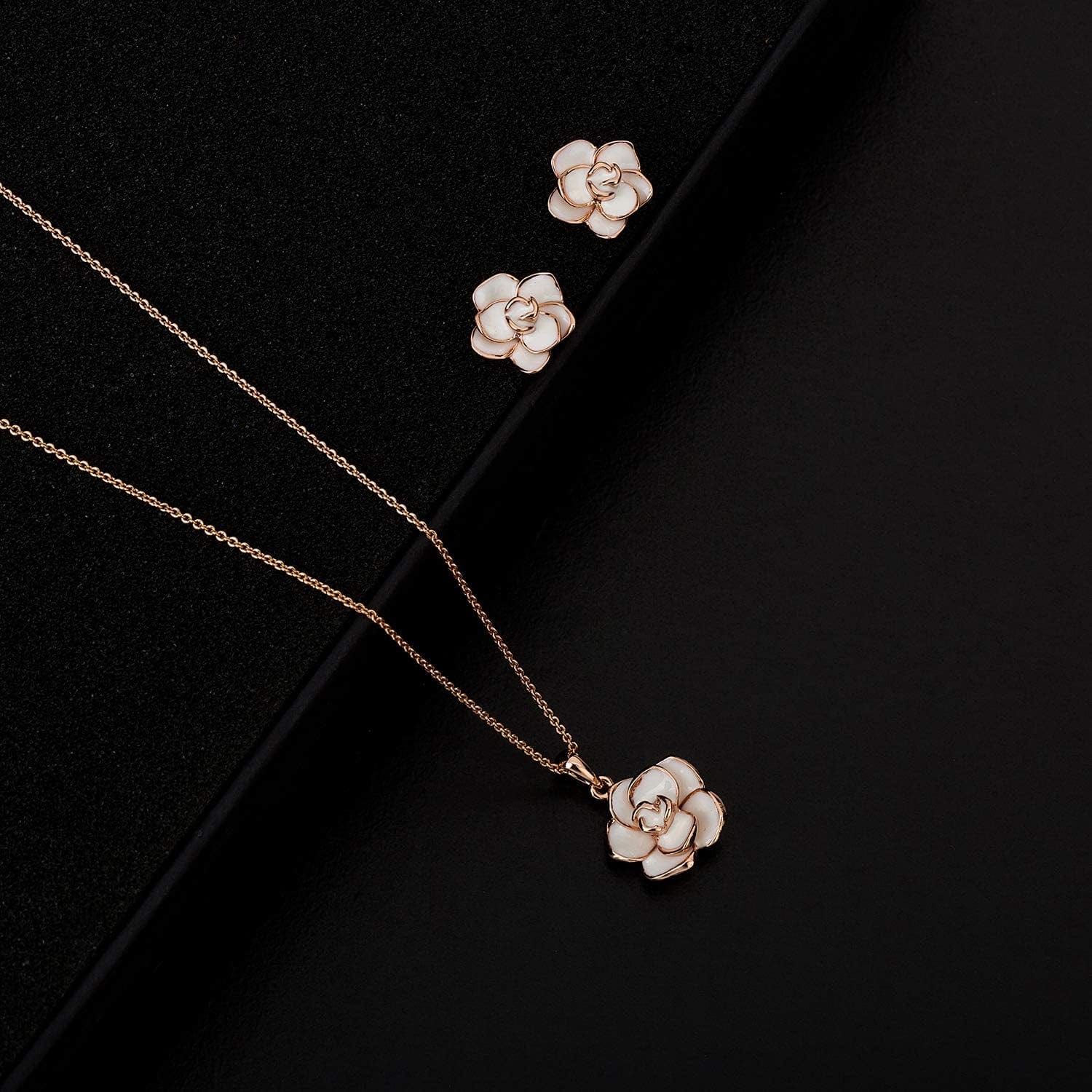 Rose Flower Necklace Earrings Set for Women 18K Gold Plated Hypoallergenic Jewelry Sets