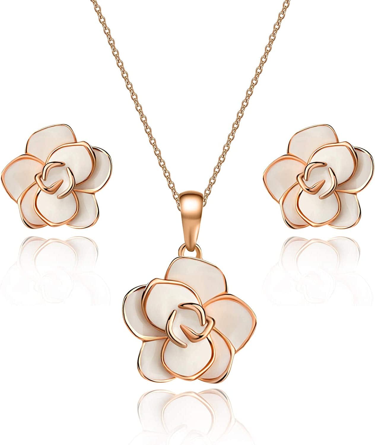 Rose Flower Necklace Earrings Set for Women 18K Gold Plated Hypoallergenic Jewelry Sets White