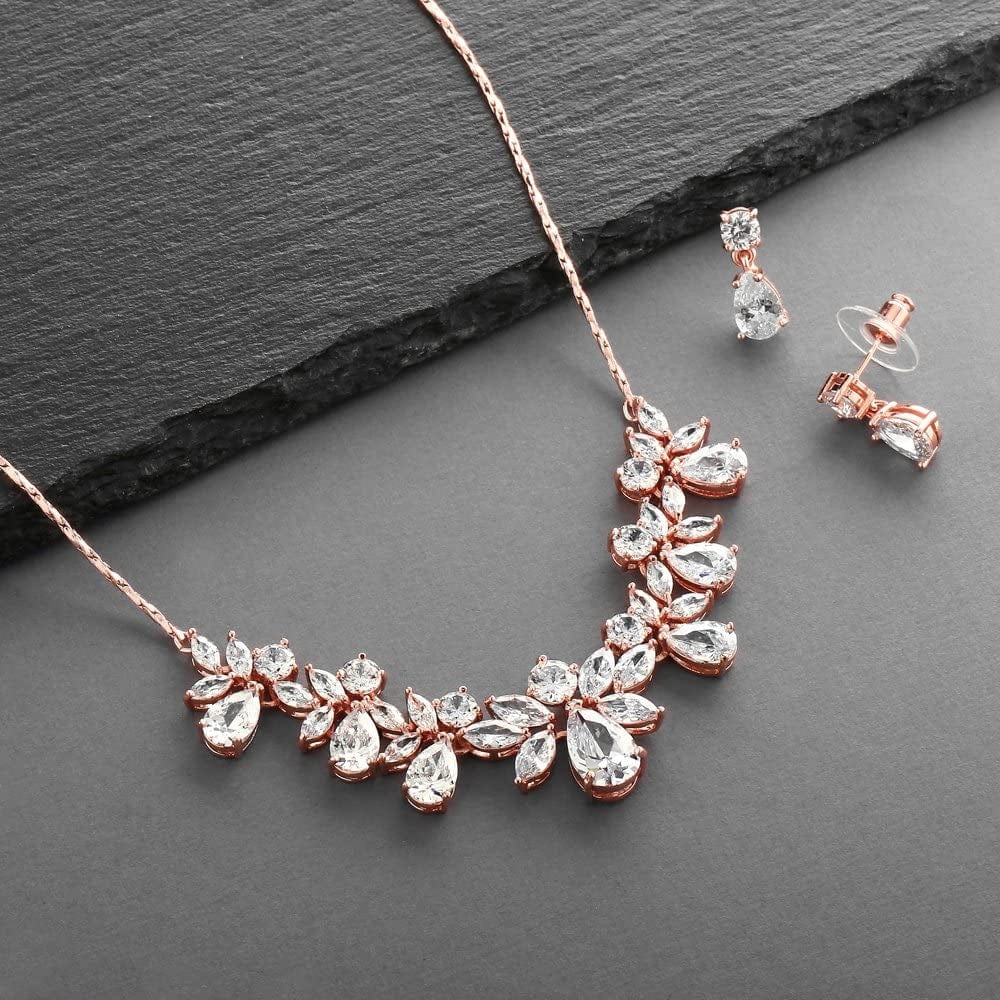 Rose Gold Multi-Shaped Cubic Zirconia Necklace & Earring Wedding Jewelry Set for Women and Brides