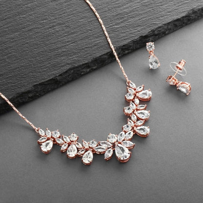 Rose Gold Multi-Shaped Cubic Zirconia Necklace & Earring Wedding Jewelry Set for Women and Brides